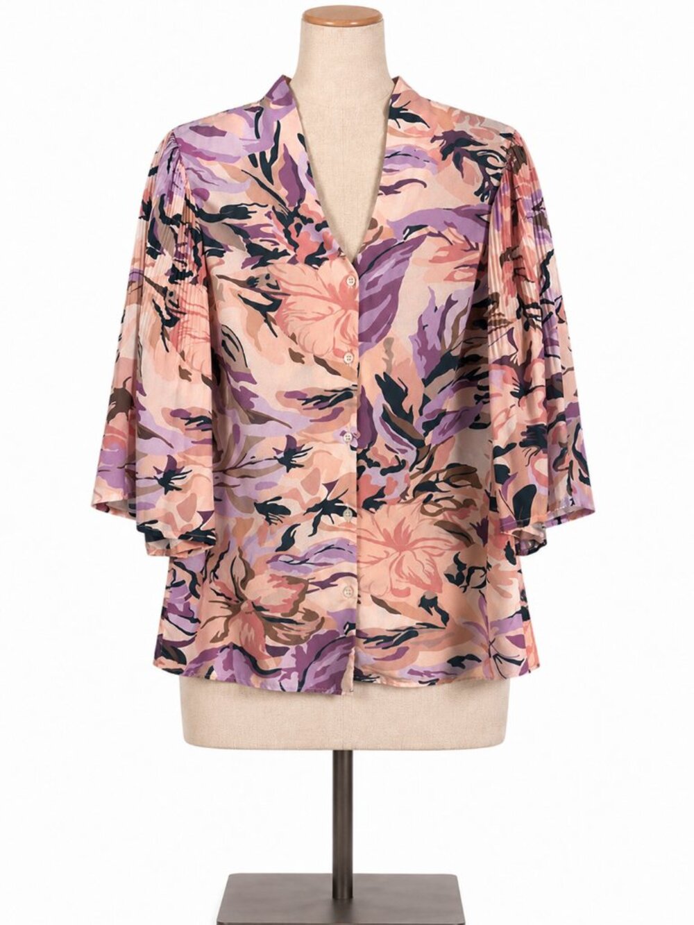 Misook Pleated Bell Sleeve Blouse Pink Small